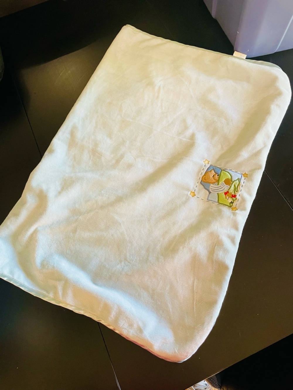 Vintage blue jean teddy light blue velour satin baby blanket receiving infant